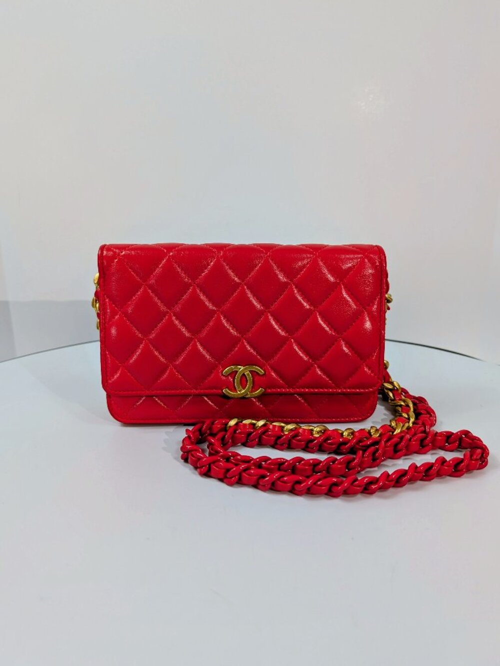 Chanel Bright Red Lambskin Classic Wallet on Chain (WOC)